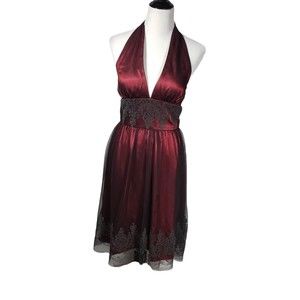 Adrianna Papell Boutique Sz 4 Wine Beaded Halter Burgundy & Black Cocktail Dress
